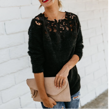 Mia | Women's Lace Detail Knit Jumper Elegant Floral Neckline Soft Lightweight Sweater