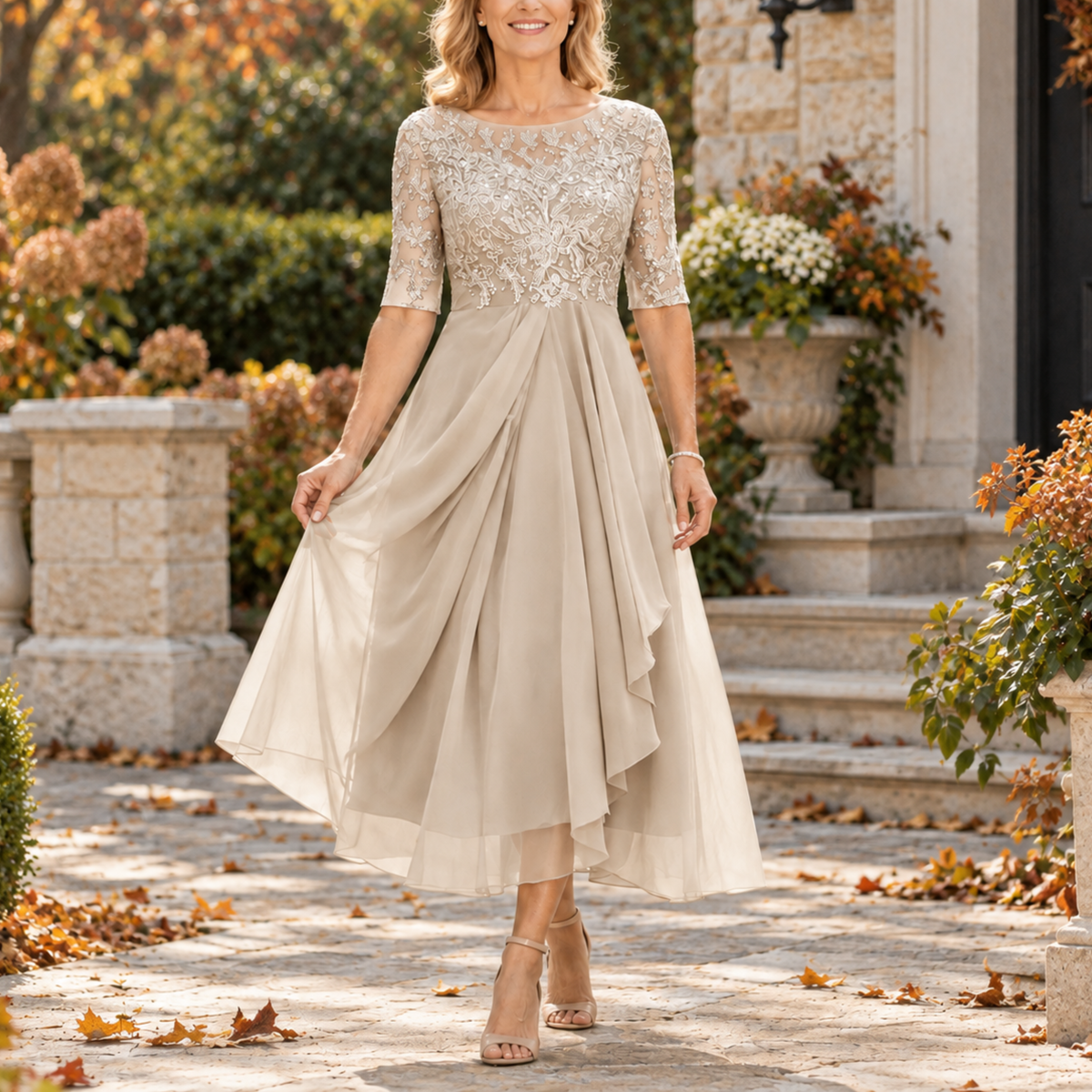 Joan | Lace Bodice Draped Midi Dress