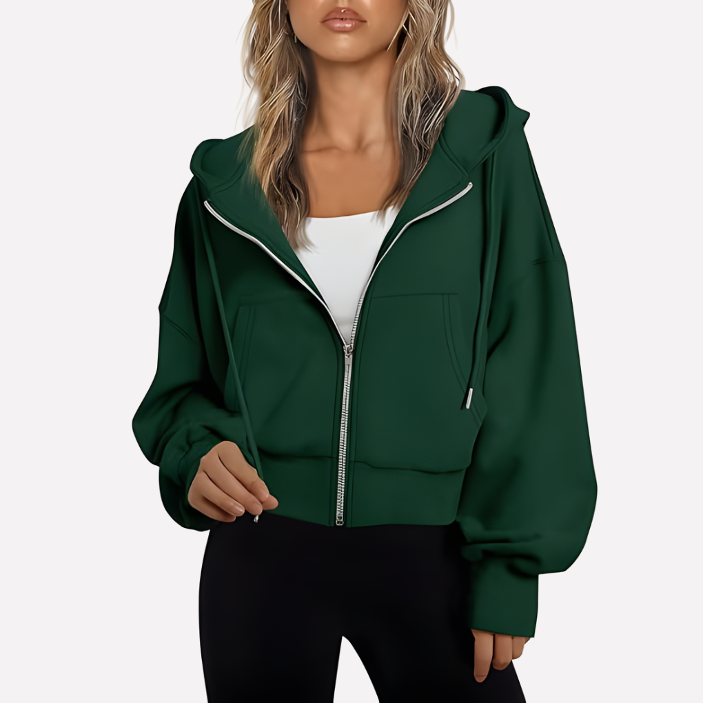 Maureen | Women's Zip Hoodie Relaxed Fit Cropped Drawstring Jacket