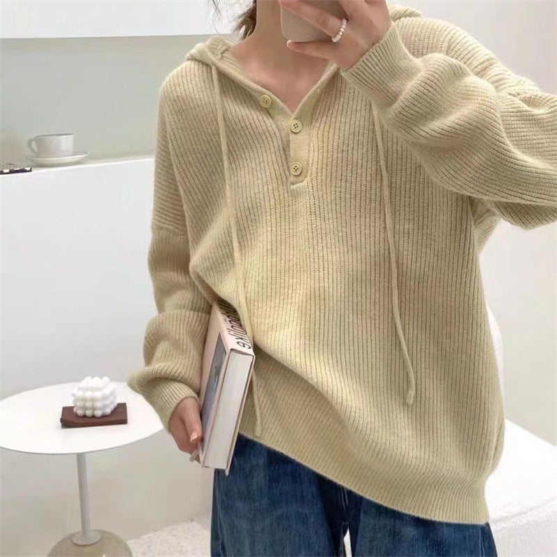 Roberta | Women's Hooded Rib-Knit Sweater – Relaxed Button-Neck Pullover for Cosy Everyday Layering