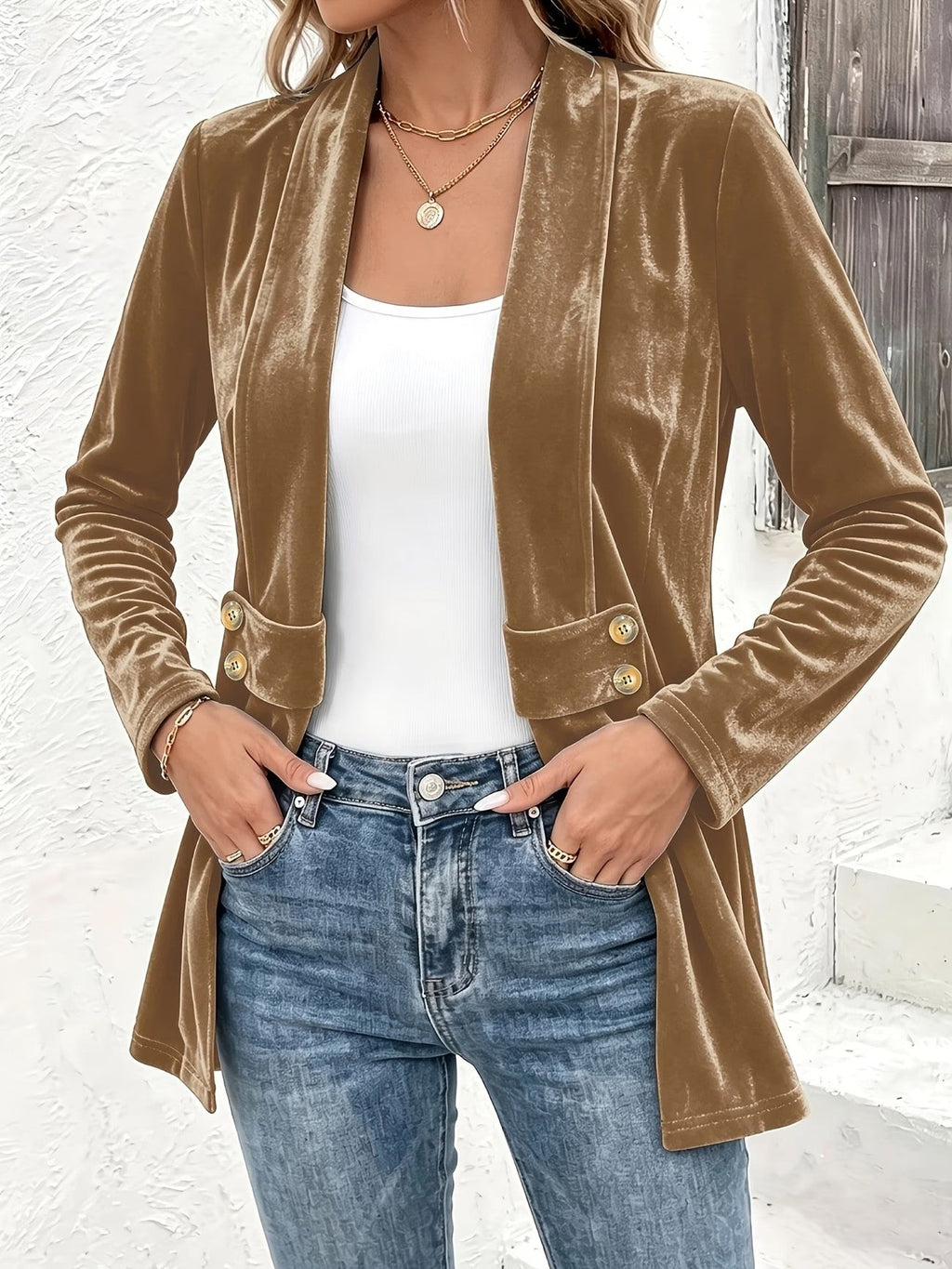 Janet | Camel Velvet Button-Tab Cardigan