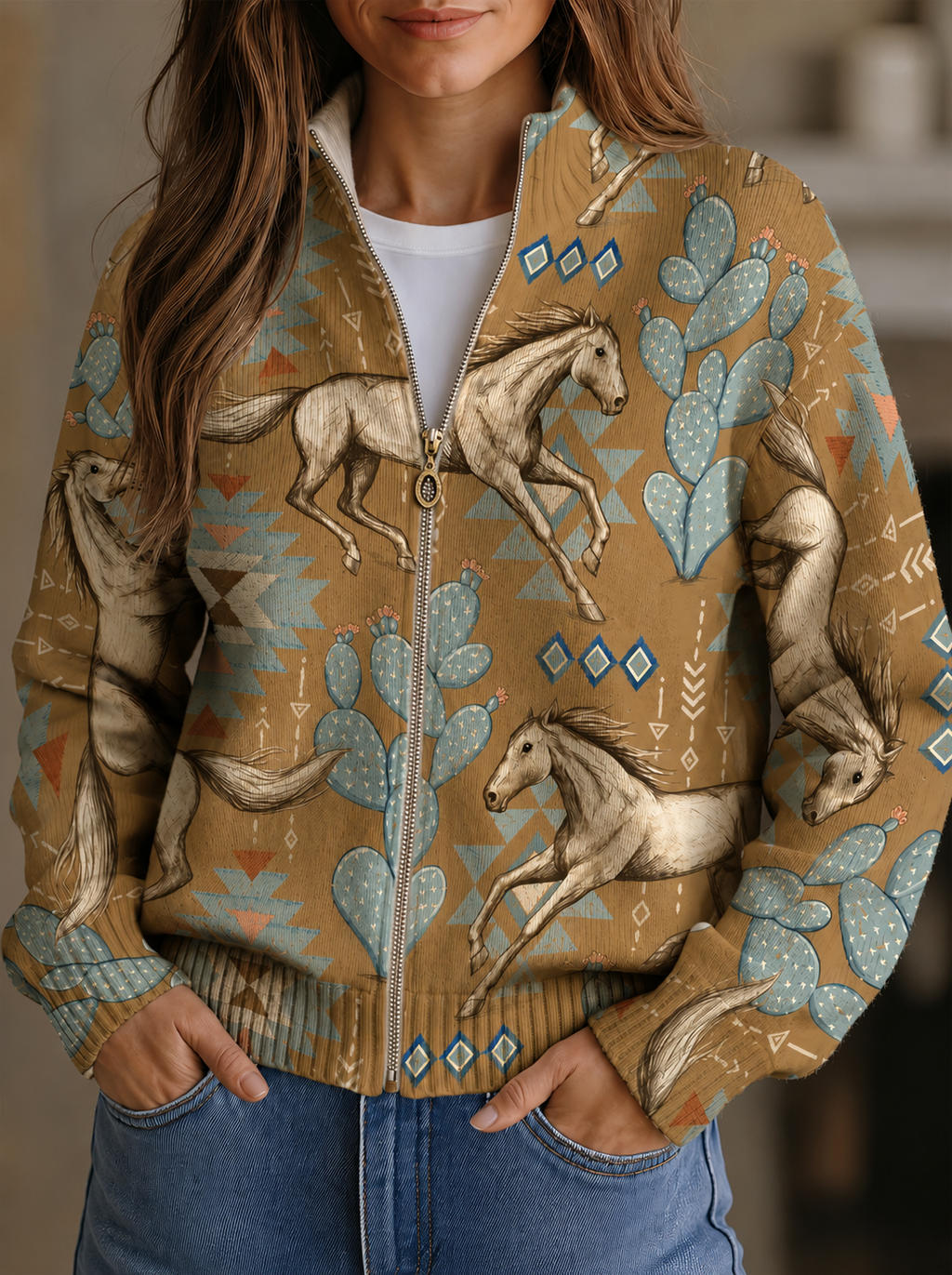 Greta | Desert Horse and Cactus Zip Cardigan