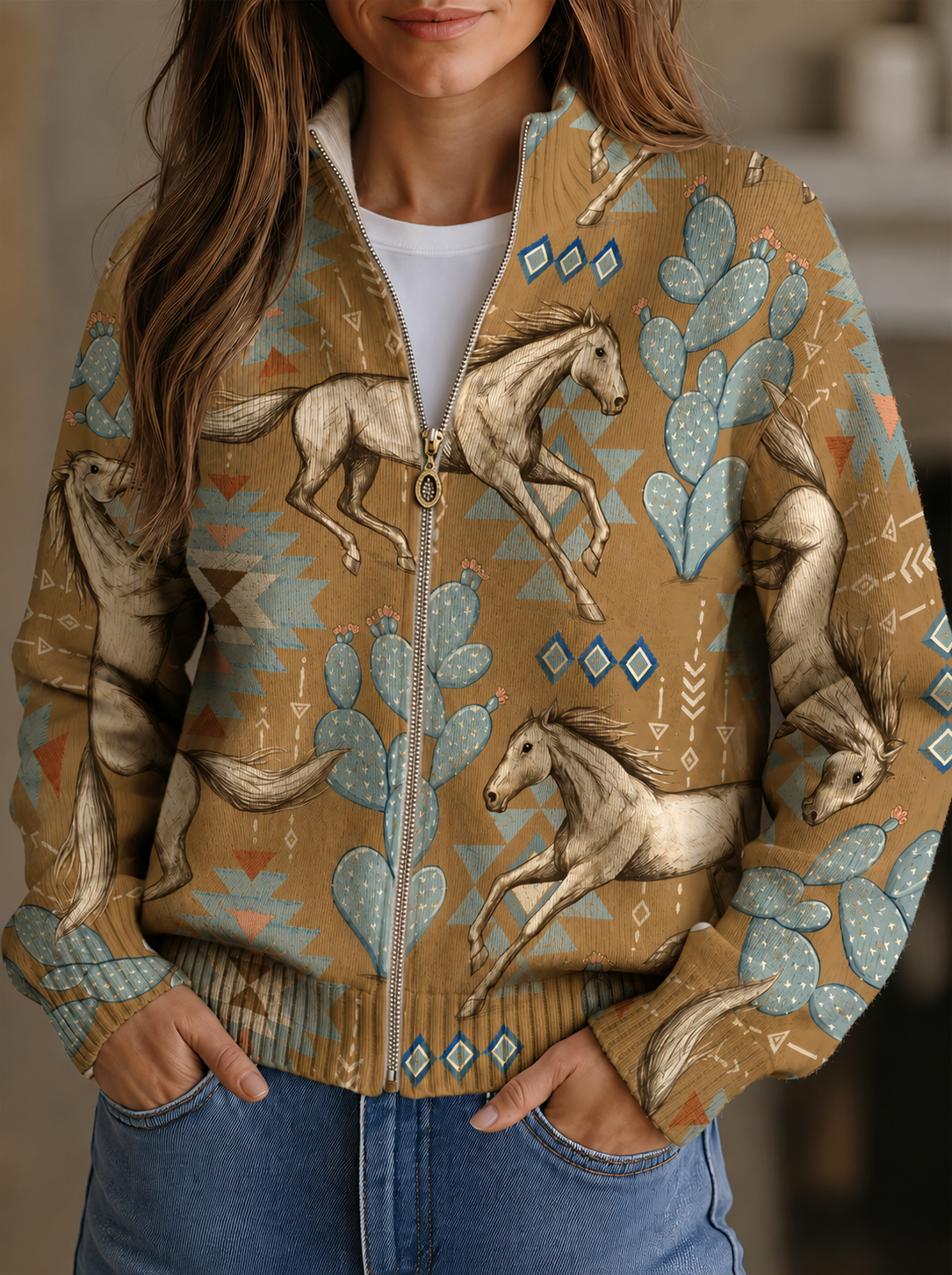 Greta | Desert Horse and Cactus Zip Cardigan