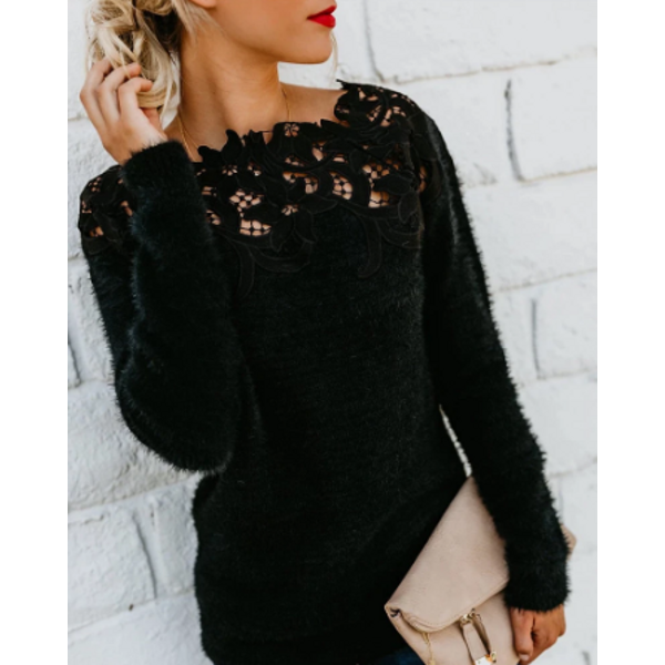 Mia | Women's Lace Detail Knit Jumper Elegant Floral Neckline Soft Lightweight Sweater