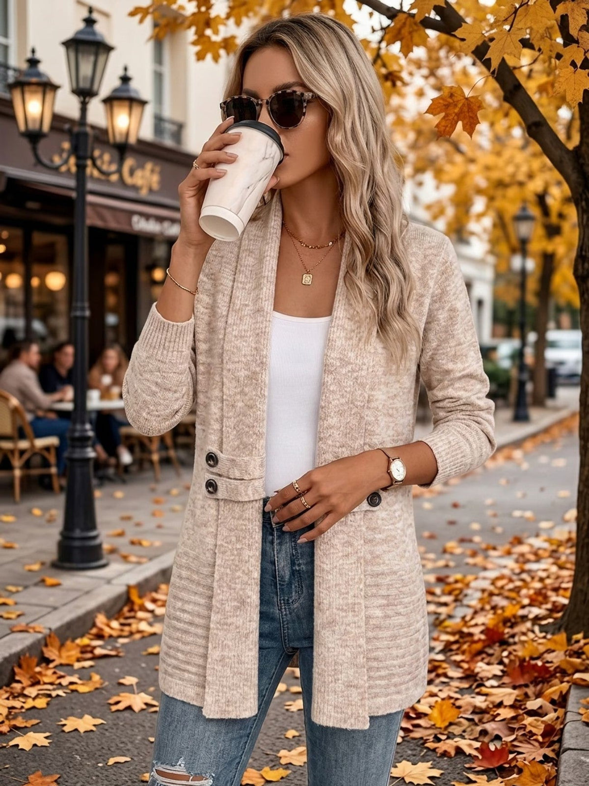 Abigail | Oatmeal Ribbed Knit Button-Tab Cardigan
