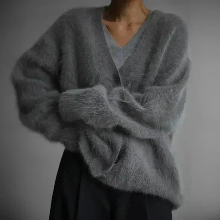 Andrea | Women's Fluffy V-Neck Cardigan – Soft Relaxed Button-Up Knit for Autumn and Winter