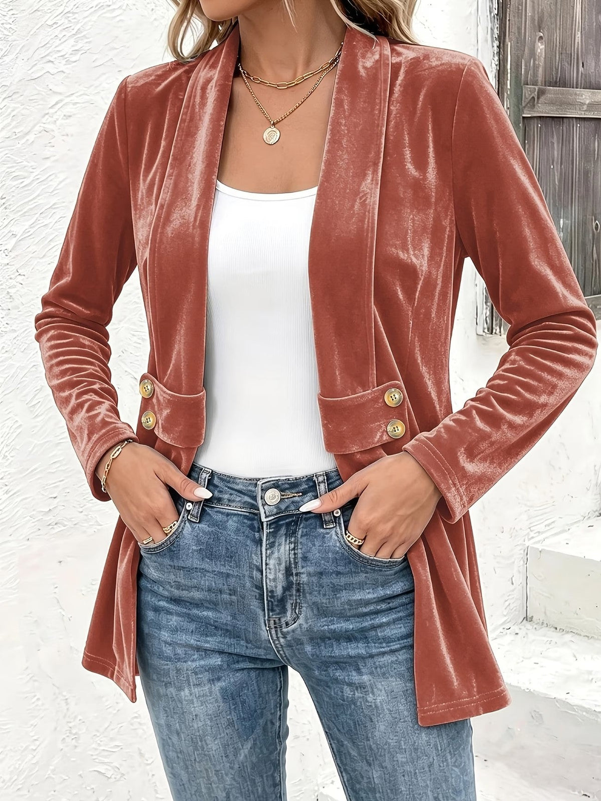 Marie | Rust Velvet Button-Tab Cardigan