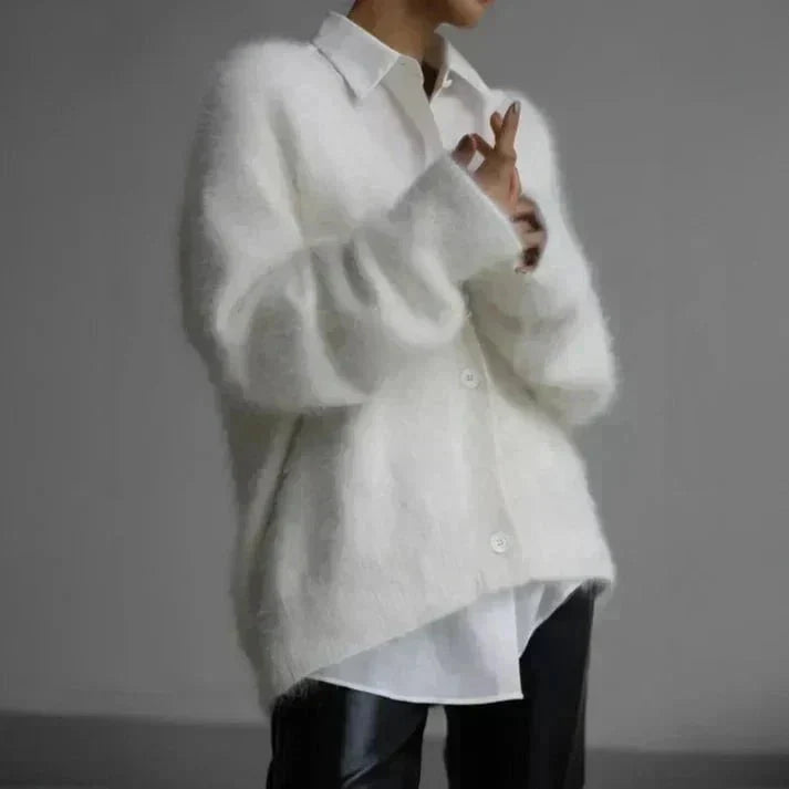 Andrea | Women's Fluffy V-Neck Cardigan – Soft Relaxed Button-Up Knit for Autumn and Winter