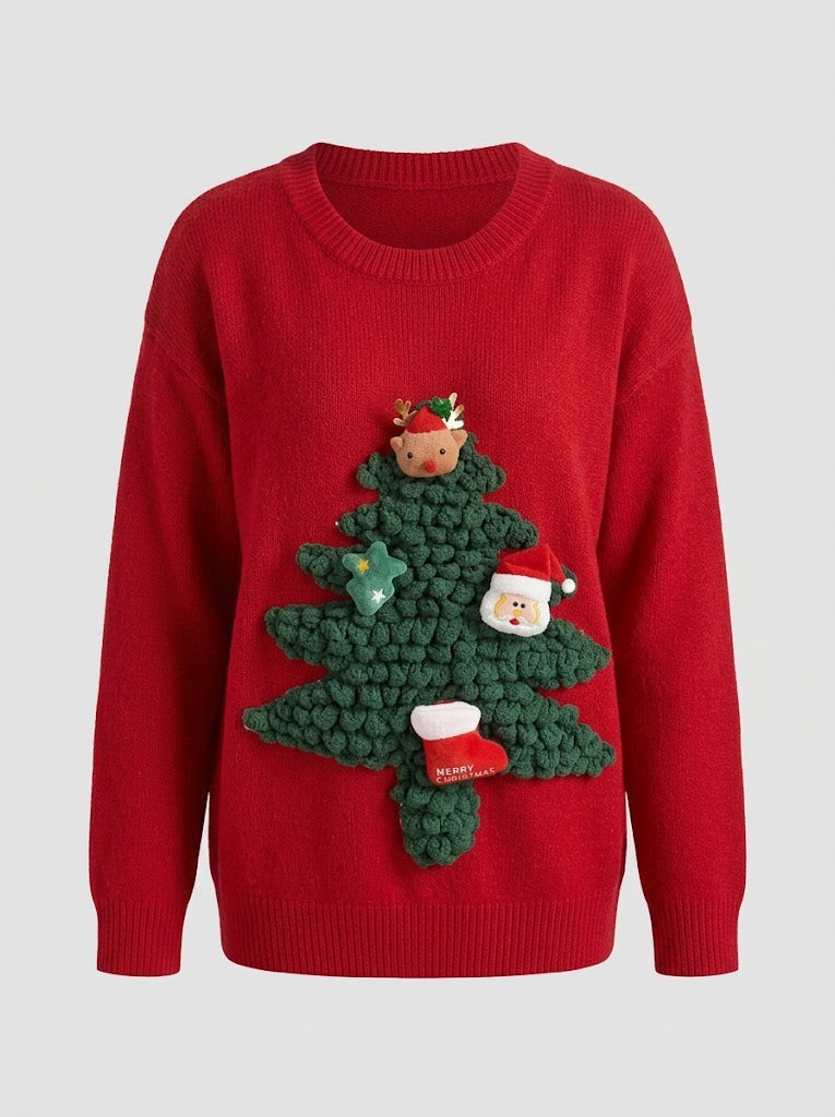 Judith | Women's 3D Christmas Tree Knit Sweater – Festive Crew-Neck Pullover with Textured Appliqué