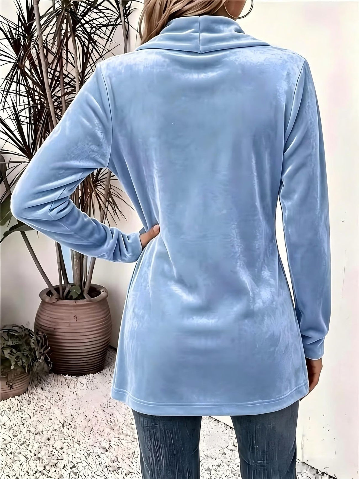 Maxine | Sky Blue Velvet Button-Tab Cardigan