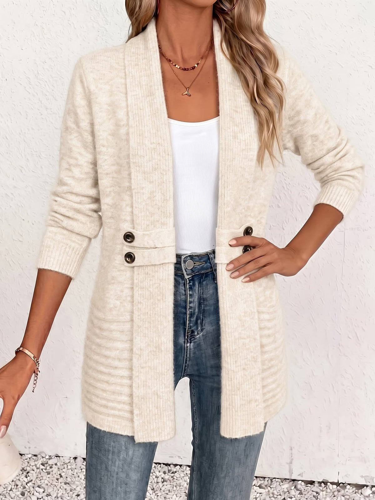 Rosalie | Cream Ribbed Knit Button-Tab Cardigan