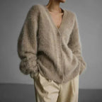 Andrea | Women's Fluffy V-Neck Cardigan – Soft Relaxed Button-Up Knit for Autumn and Winter