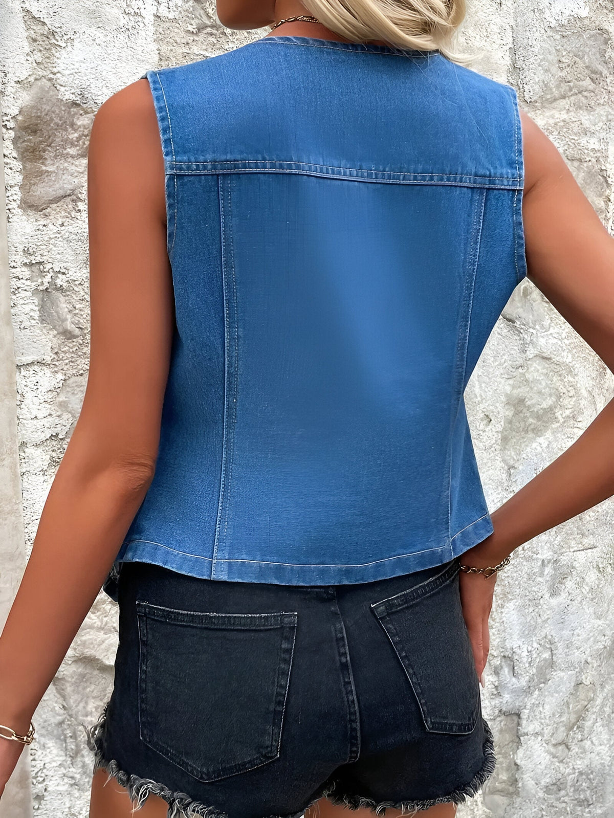 Valerie | Women's Sleeveless Denim Vest – Button-Front V-Neck Tailored Style for Casual Summer Days and Everyday Layering