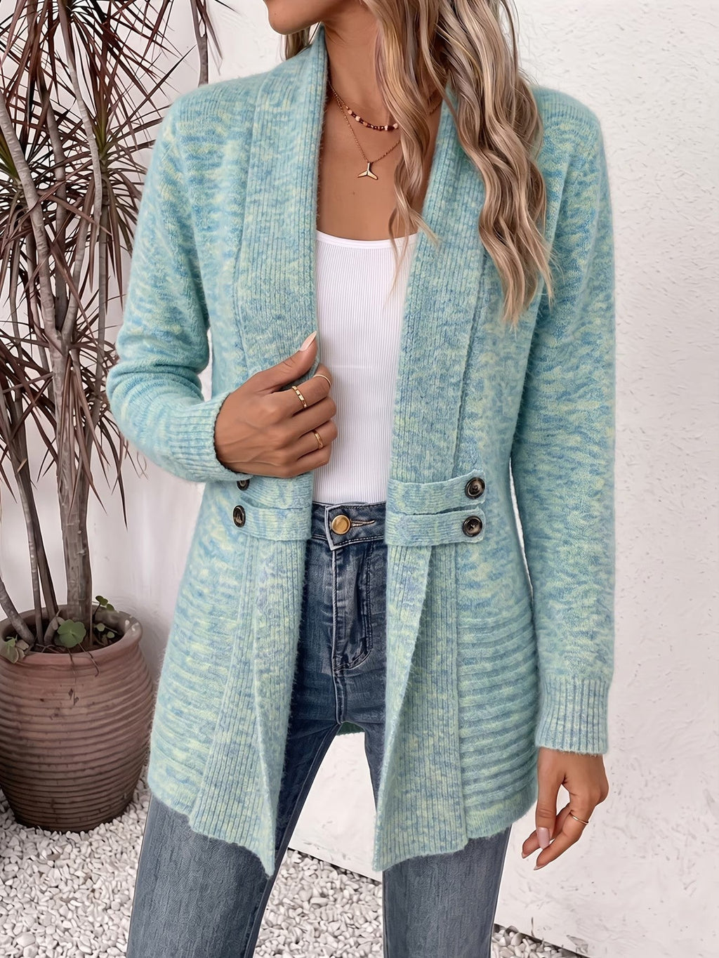 Beverly | Aqua Ribbed Knit Button-Tab Cardigan