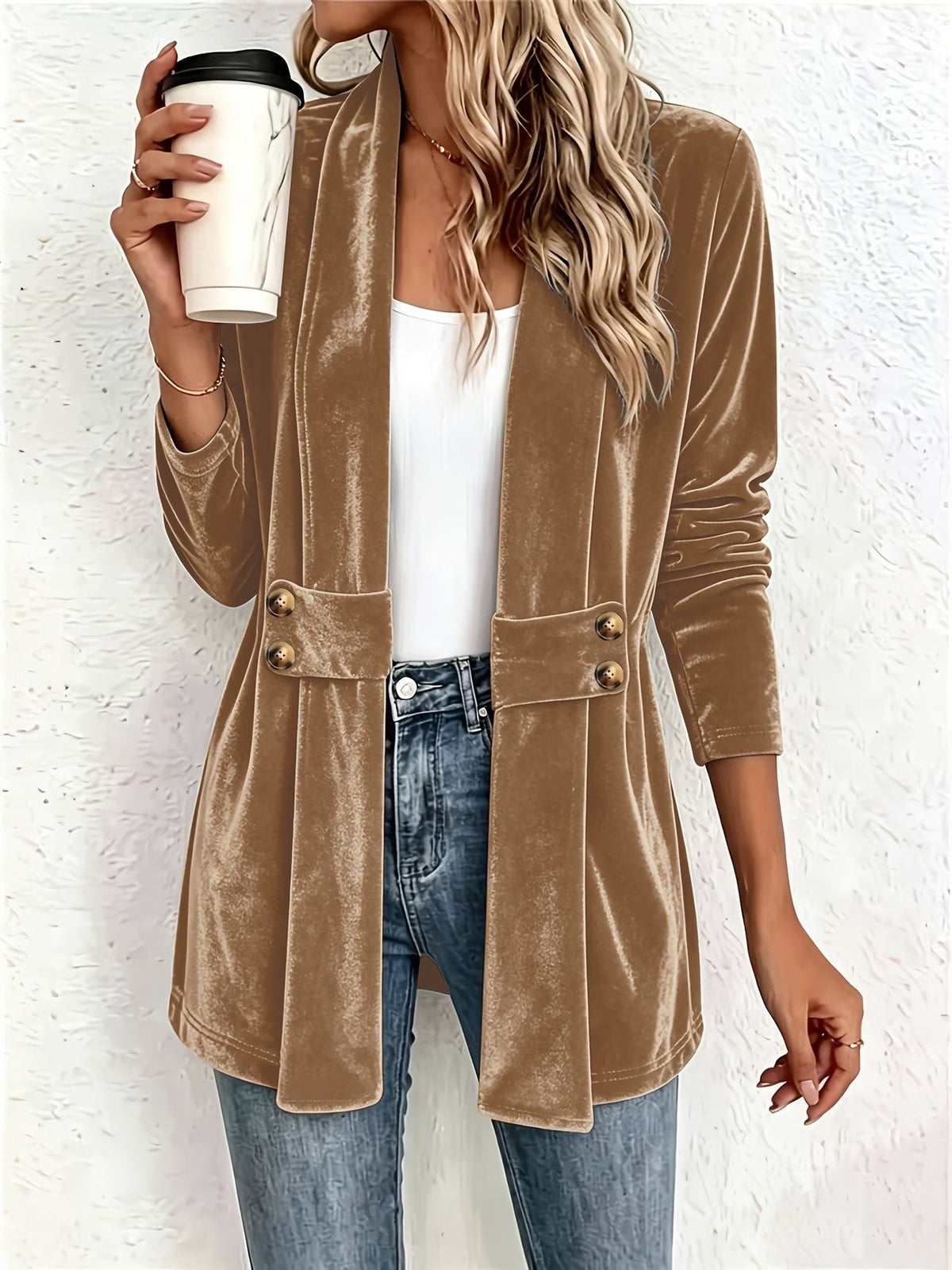 Janet | Camel Velvet Button-Tab Cardigan