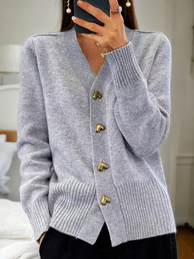 Brenda | Women's Heart-Button V-Neck Cardigan – Soft Relaxed Knit for Office and Weekend Wear