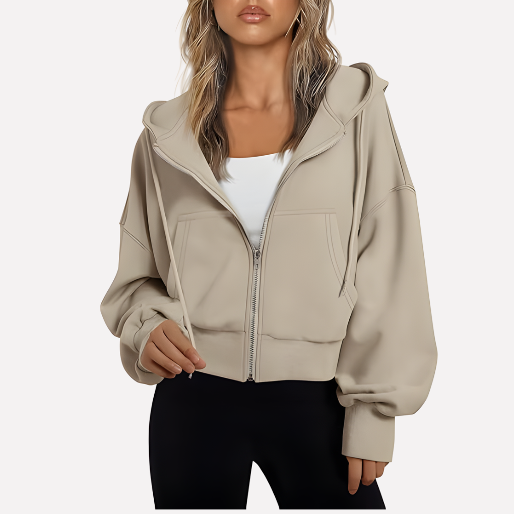 Maureen | Women's Zip Hoodie Relaxed Fit Cropped Drawstring Jacket