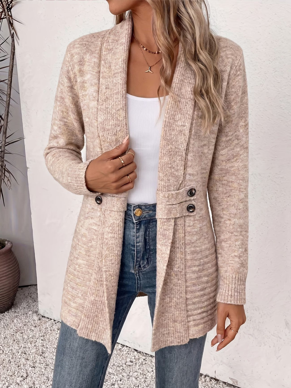 Abigail | Oatmeal Ribbed Knit Button-Tab Cardigan