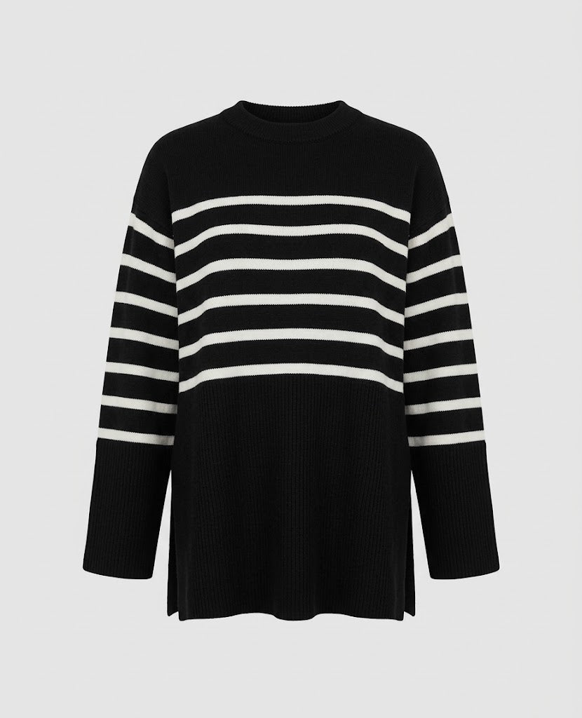 Deborah | Women's Striped Colour-Block Knit Sweater – Relaxed Longline Pullover for Modern Winter Layering