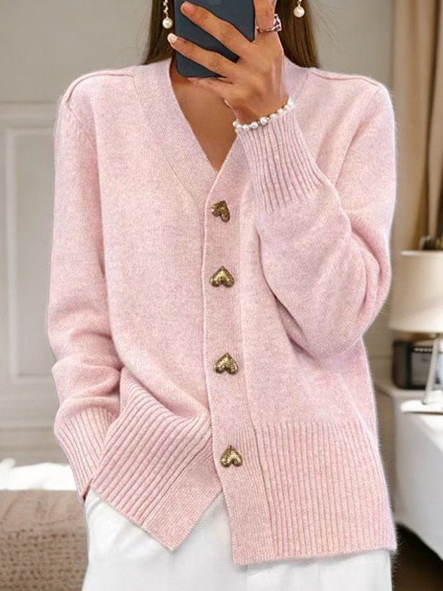 Zoe | Women's Heart-Button Knit Cardigan – Elegant V-Neck Layer for Everyday Styling
