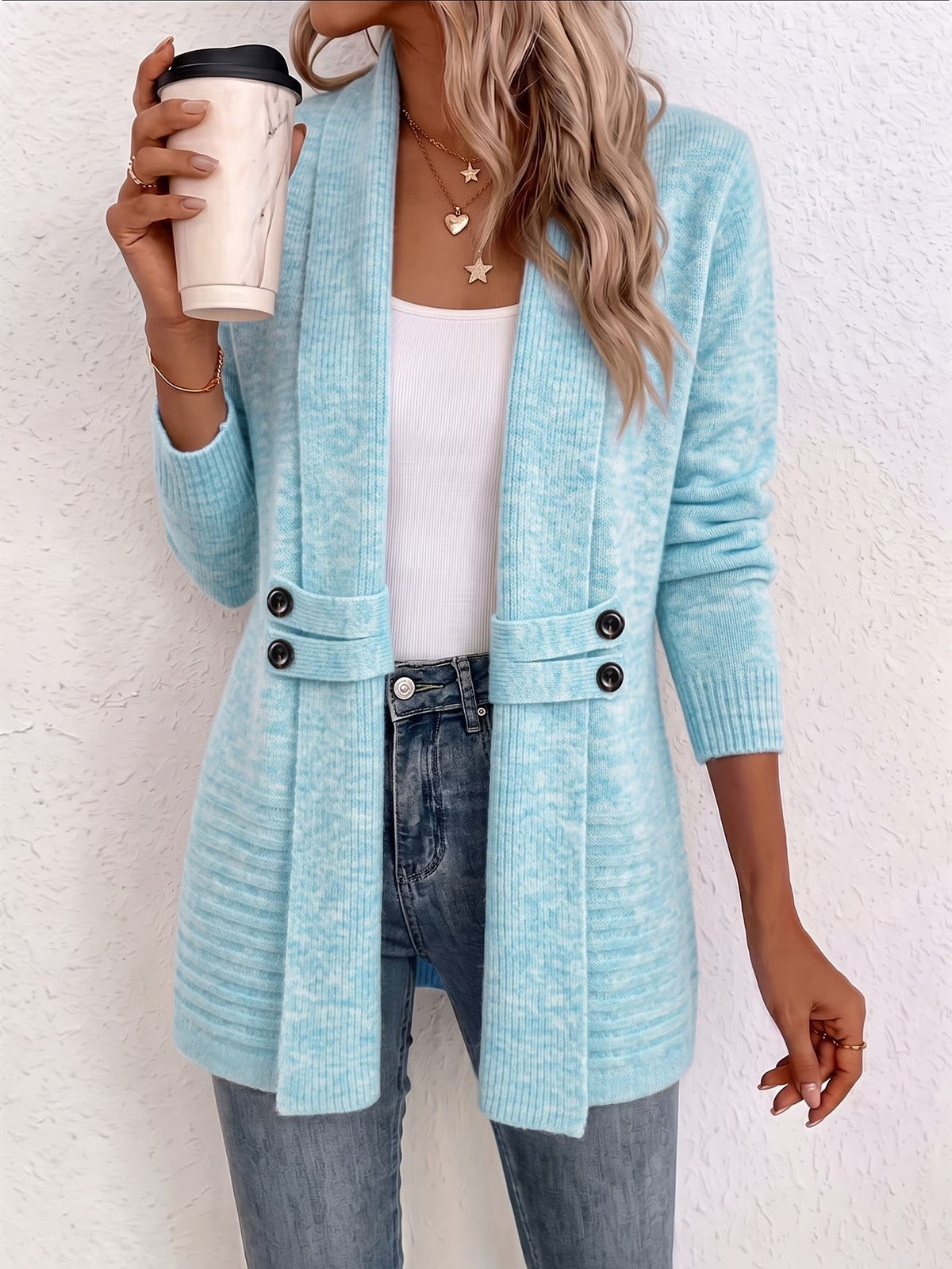 Beverly | Aqua Ribbed Knit Button-Tab Cardigan