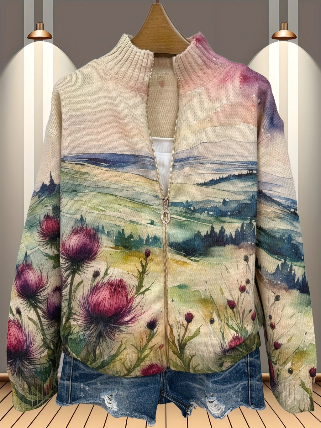 Tilly | Scottish Thistle Landscape Zip Cardigan