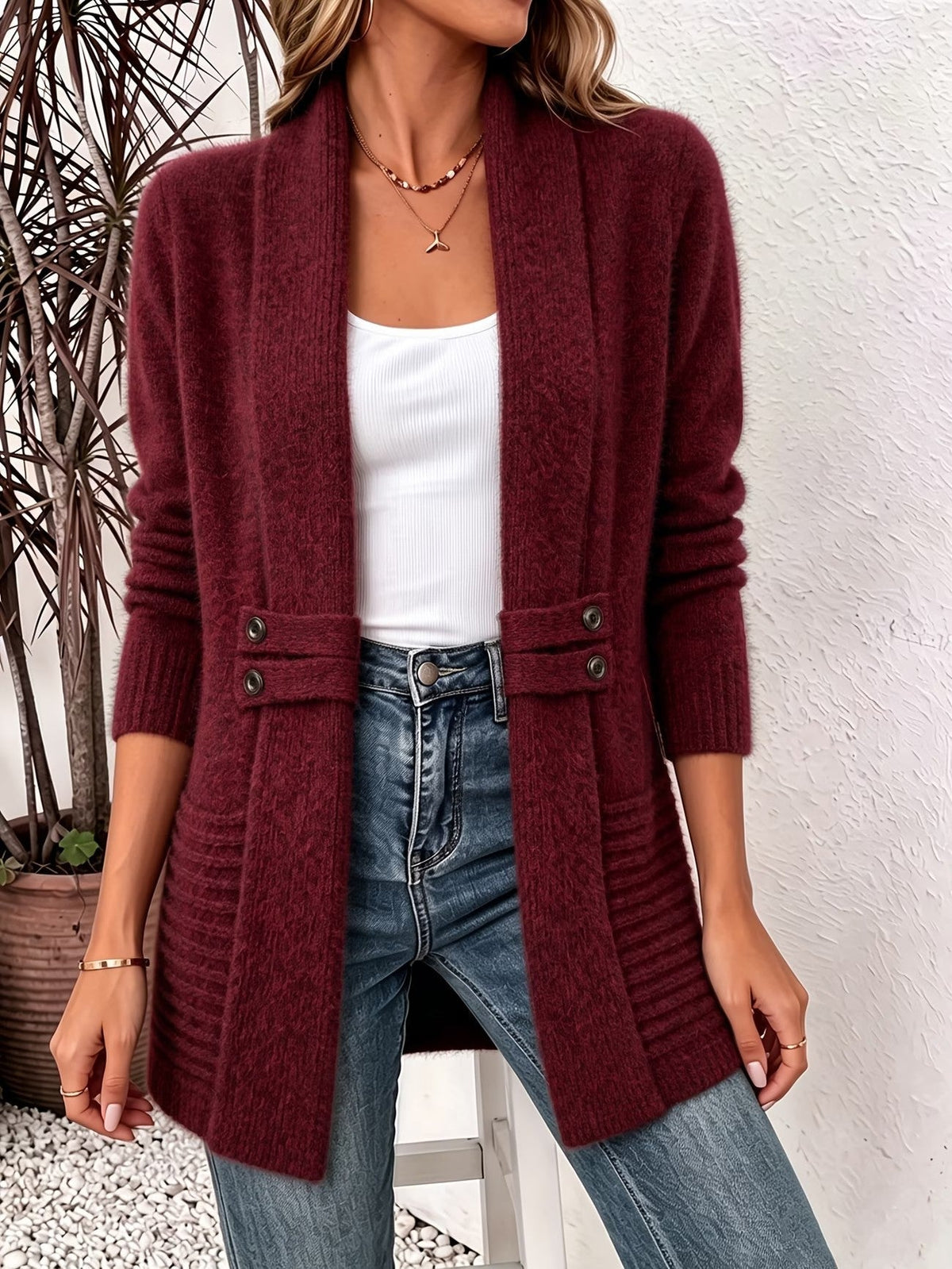 Elise | Burgundy Ribbed Knit Button-Tab Cardigan