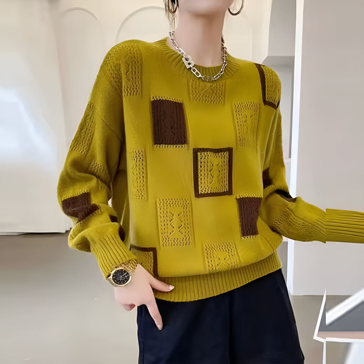 Selma | Women's Printed Crew-Neck Sweater – Soft Relaxed Knit for Office and Everyday Wear
