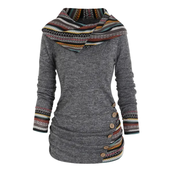 Cecilia | Women's Tribal Hooded Fleece Sweatshirt – Longline Pullover for Cosy Casual Layering