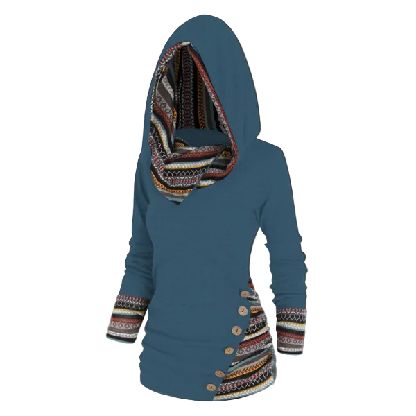 Cecilia | Women's Tribal Hooded Fleece Sweatshirt – Longline Pullover for Cosy Casual Layering