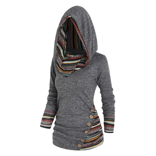 Cecilia | Women's Tribal Hooded Fleece Sweatshirt – Longline Pullover for Cosy Casual Layering