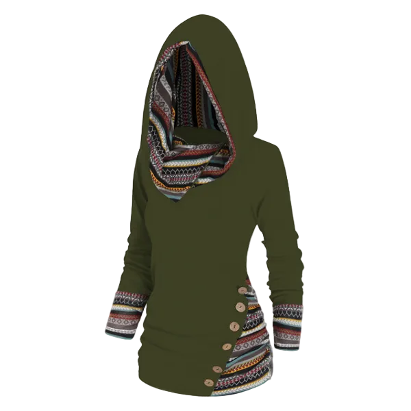 Cecilia | Women's Tribal Hooded Fleece Sweatshirt – Longline Pullover for Cosy Casual Layering
