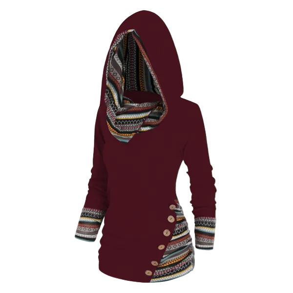 Cecilia | Women's Tribal Hooded Fleece Sweatshirt – Longline Pullover for Cosy Casual Layering