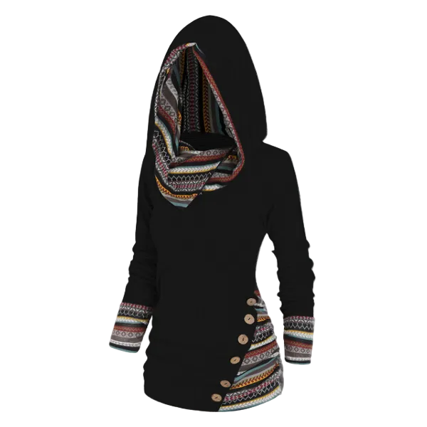 Cecilia | Women's Tribal Hooded Fleece Sweatshirt – Longline Pullover for Cosy Casual Layering