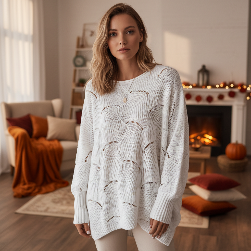 Erin | Women's Oversized Open Knit Sweater with Draped Asymmetric Hem