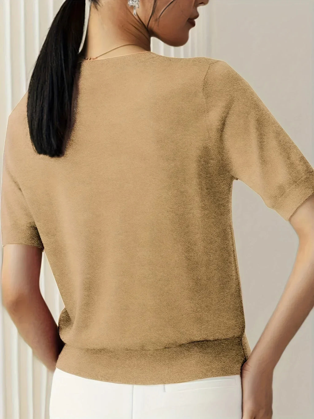 Sharon | Women's Fine Knit Sweater with Short Sleeves and Ribbed Trim