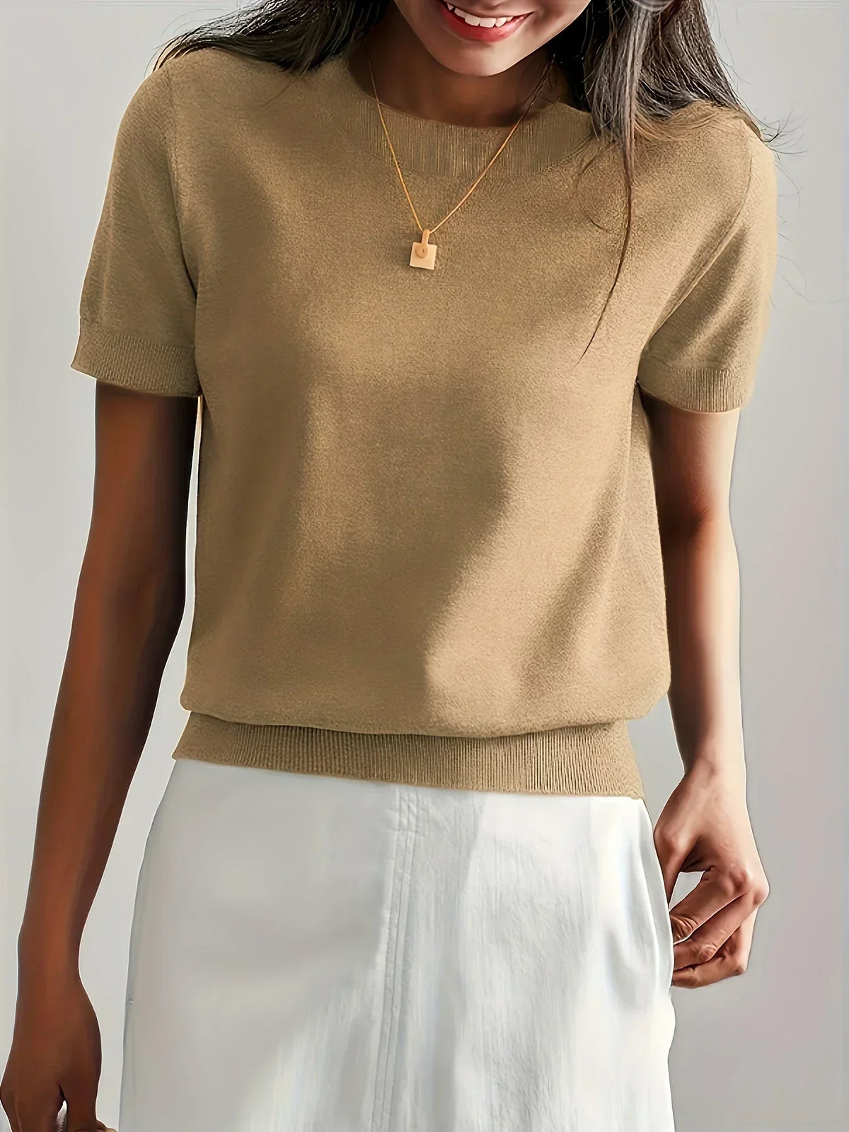 Sharon | Women's Fine Knit Sweater with Short Sleeves and Ribbed Trim