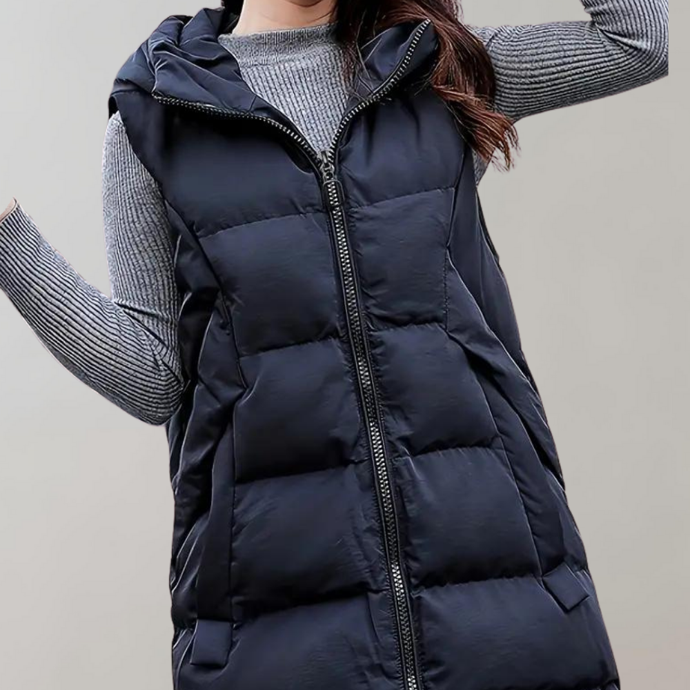 Marie | Women's Long Hooded Puffer Vest – Sleeveless Quilted Winter Gilet with Full-Zip Front and Insulated Coverage