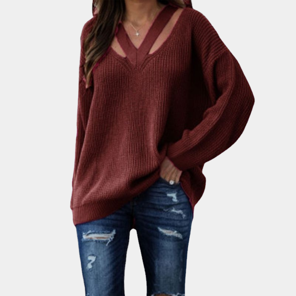 Diane | Women's Cutout V-Neck Knit Top – Relaxed Long-Sleeve Style for Spring and Autumn