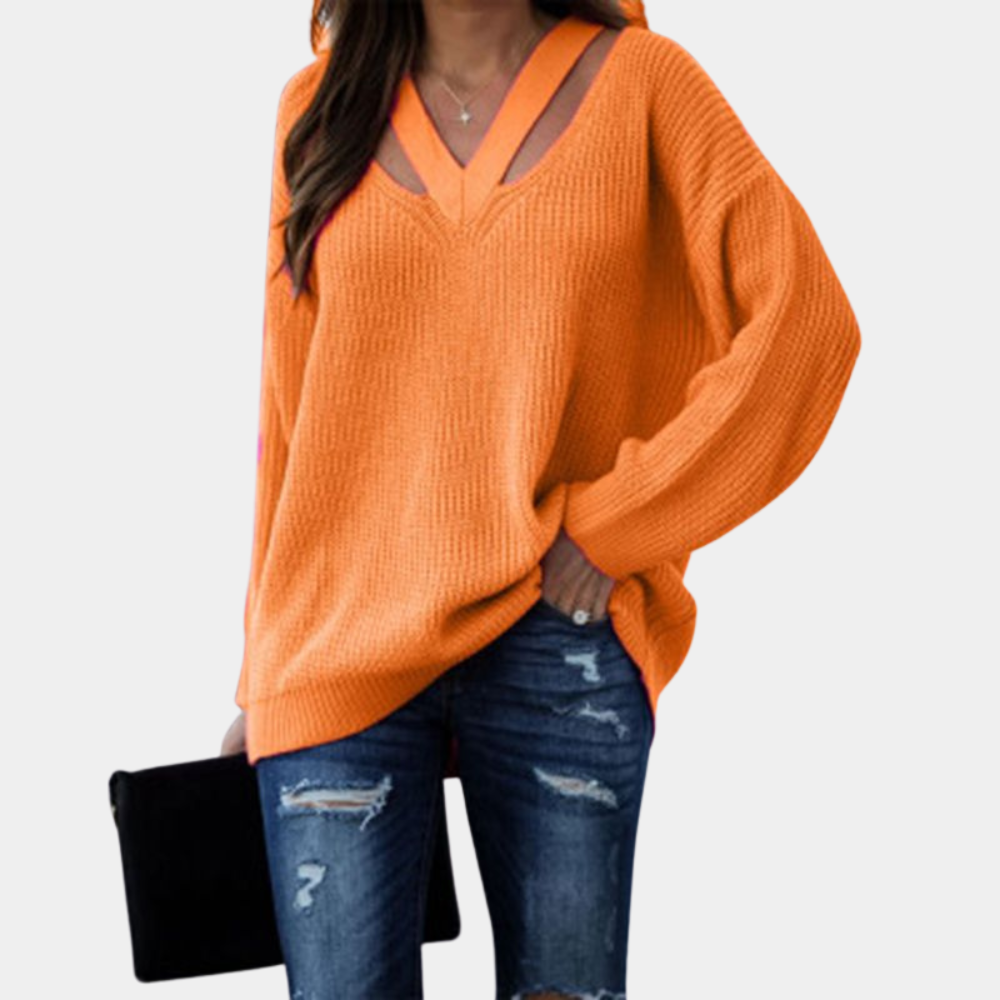 Diane | Women's Cutout V-Neck Knit Top – Relaxed Long-Sleeve Style for Spring and Autumn