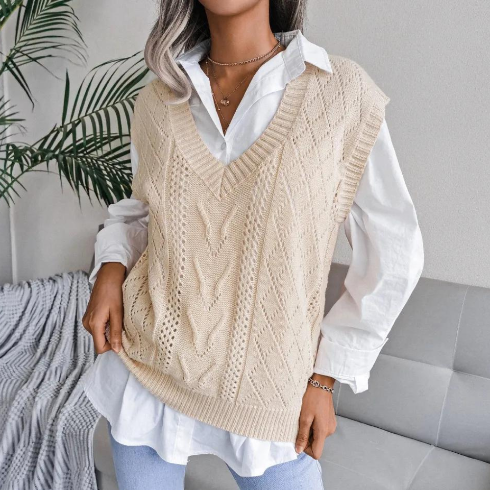 Sandra | Women's Openwork Sweater Vest with Ribbed V Neck and Relaxed Fit