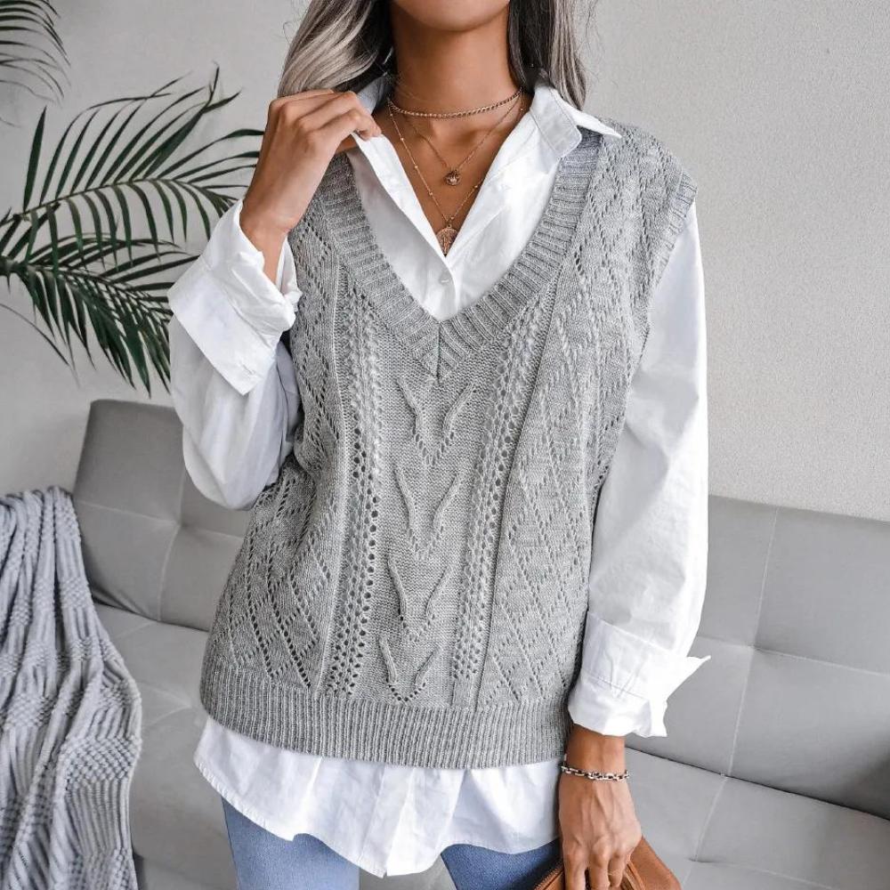 Sandra | Women's Openwork Sweater Vest with Ribbed V Neck and Relaxed Fit