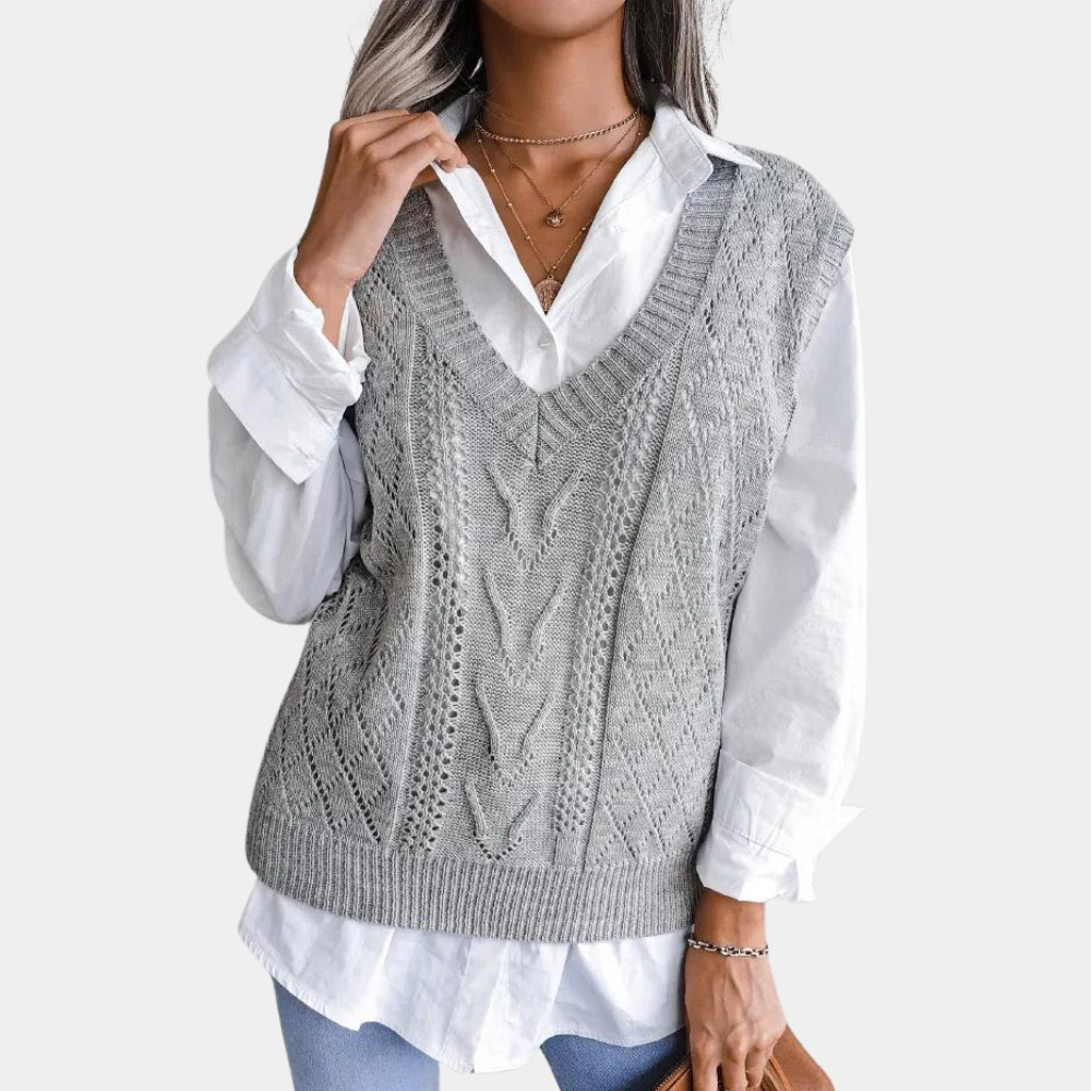 Sandra | Women's Openwork Sweater Vest with Ribbed V Neck and Relaxed Fit