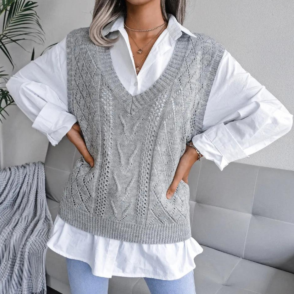 Sandra | Women's Openwork Sweater Vest with Ribbed V Neck and Relaxed Fit