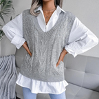 Sandra | Women's Openwork Sweater Vest with Ribbed V Neck and Relaxed Fit