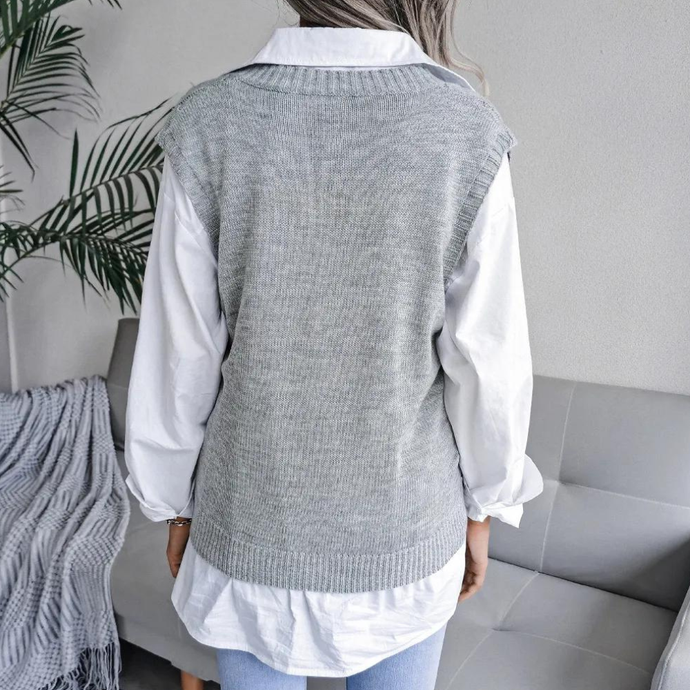 Sandra | Women's Openwork Sweater Vest with Ribbed V Neck and Relaxed Fit