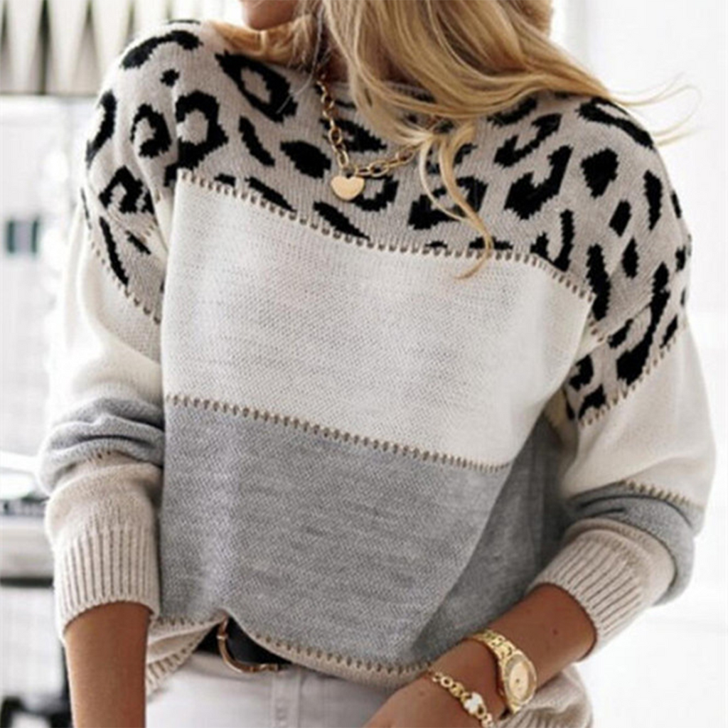Beverly | Women's Leopard Panel Knit Sweater – Relaxed Crew-Neck Pullover for Stylish Everyday Layering