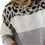 Beverly | Women's Leopard Panel Knit Sweater – Relaxed Crew-Neck Pullover for Stylish Everyday Layering