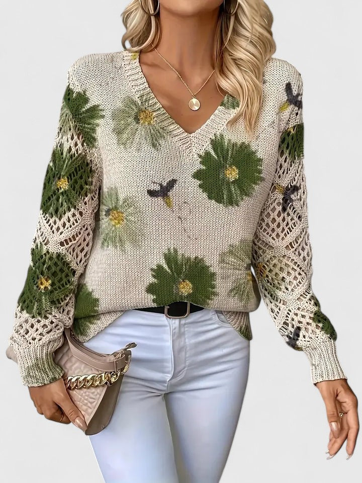 Mary | Women's Relaxed Sweater – V-Neck Openwork Sleeve Style for Transitional Seasons