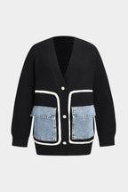 Ella | Noir Women's Knitted Cardigan with Denim Pocket Details for Effortless Everyday Style